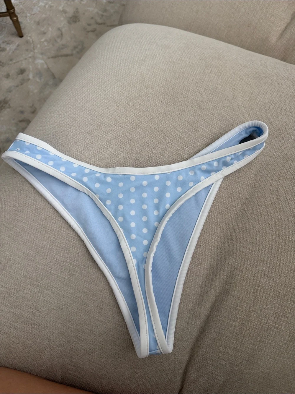 Polka Dot Light Blue Thong Bikini with White Trim
